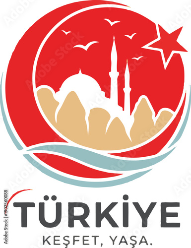Colorful TÃ¼rkiye logo with mosque silhouette, minarets, crescent moon, star, and birds flying
