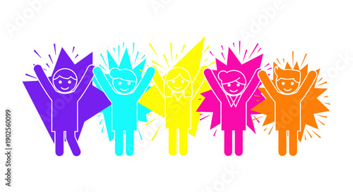 Colorful vector illustration of five happy people with dynamic splash effects, for banner or poster isolated on White Background