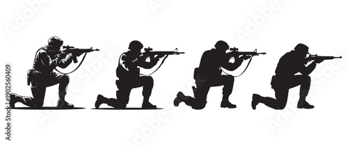 Four soldiers in silhouette, kneeling with rifles aimed, preparing for battle, military operations