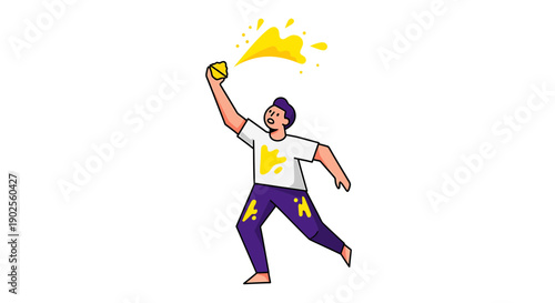 Vector illustration of a man throwing a paintball, purple and yellow cartoon character, for banner or poster isolated on White Background