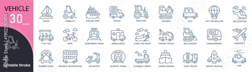  Vehicle related line icons set. Pack outline pictograms of truck, tram, car, cruise, ship, tractor, helicopter, aircraft, forklift and other. Editable stroke.