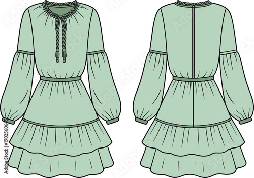 Fashion technical flat sketch of a women’s bohemian mini dress featuring braided neckline ties, voluminous bishop sleeves, elasticated waist, and tiered ruffled hemline design.