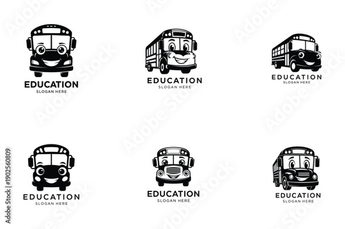 Cute School Bus Mascot Logo Set for Education Branding Vector Illustration.