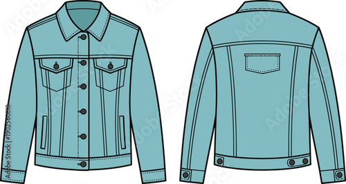 Fashion technical flat sketch of a women’s denim jacket featuring chest flap pockets, button-down front, point collar, long sleeves, and paneled back construction detail.