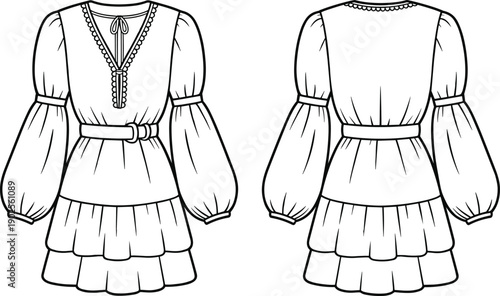 Fashion technical flat sketch of a women’s bohemian mini dress featuring voluminous lantern sleeves, scalloped v-neckline, belted waist, and tiered ruffled skirt silhouette design.