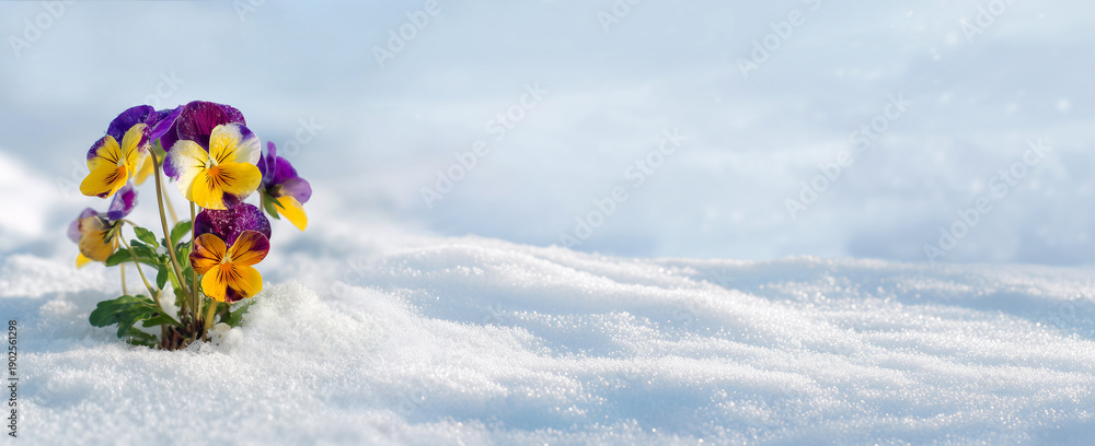 custom made wallpaper toronto digitalPurple and yellow pansy flowers blooming through sparkling snow with copy space