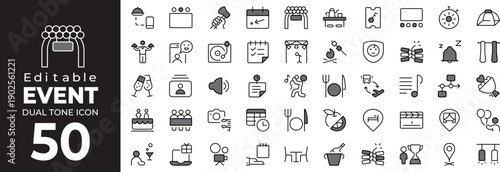 Editable dual tone icon set of event icons for party music and festival planning on white background Vector illustration