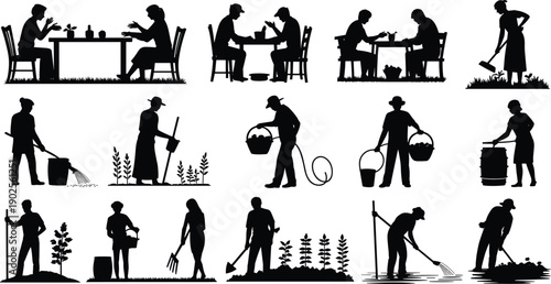 Gardening and farming silhouettes set with people planting, watering, harvesting and working outdoors, black vector collection for agriculture, rural lifestyle and nature activities