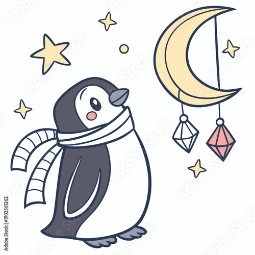 A Bashful Penguin with with a scarf in a Starlight Ball theme – Lunar Elegance palette SVG illustration