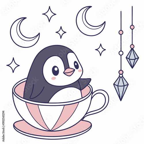 Cute Playful Penguin, accessorized with in a teacup, in a Starlight Ball world – Lunar Elegance palette vector