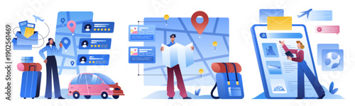 Flat travel illustration set with people planning trip with digital map, smartphone app. Tourism concept with itinerary, route, location pins, flight tickets, taxi, suitcase, online booking on screen