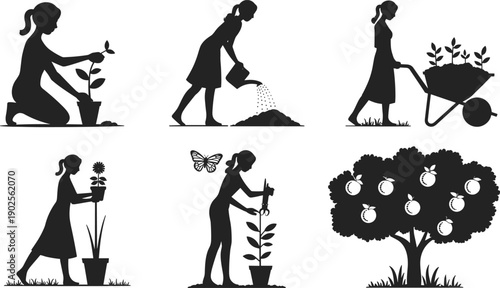 Gardening woman silhouettes set showing planting, watering, pruning, and harvesting plants isolated on white background, eco lifestyle, nature care, agriculture, and sustainable garden activities