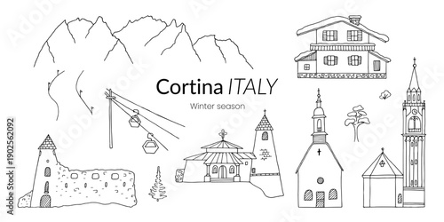 Cortina Italy winter travel season with architecture landmarks such as church and tower and chalet house in Dolomite Alps mountains. Doodle hand drawn by ink elements for design.