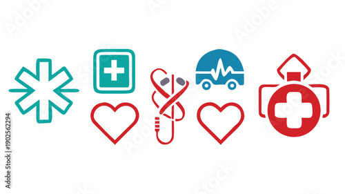 Comprehensive medical and healthcare icon set featuring Caduceus heartbeat first aid kit ambulance and pharmacy symbols isolated on white background for clinical design .vector icon