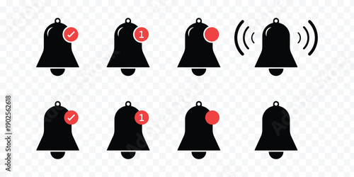 Get notified.  Incoming inbox message. Ringing bell, reminder or subscriber sign for apps, smartphone, alarm alert. bells with checkmarks Vector. Simple notification bells. for logo, and UI concepts