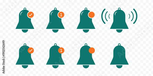 Get notified.  Incoming inbox message. Ringing bell, reminder or subscriber sign for apps, smartphone, alarm alert. bells with checkmarks Vector. Simple notification bells. for logo, and UI concepts
