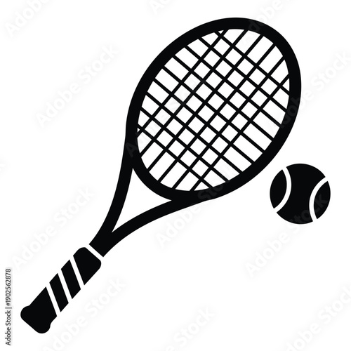 A black and white illustration of a tennis racket and ball. isolated on white background, Vector
