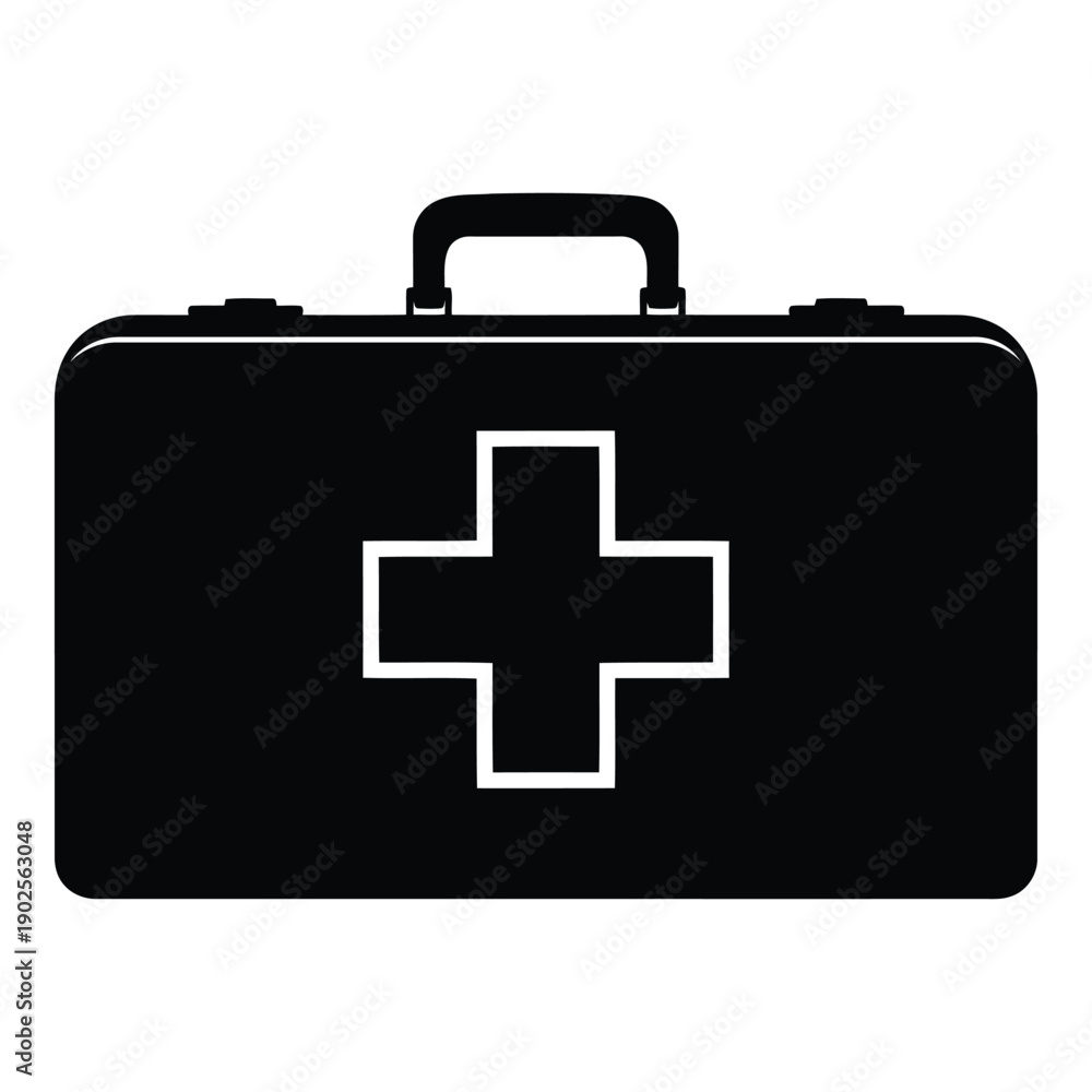 Obraz premium A black medical case with a white cross symbol on the front isolated on white background, Vector