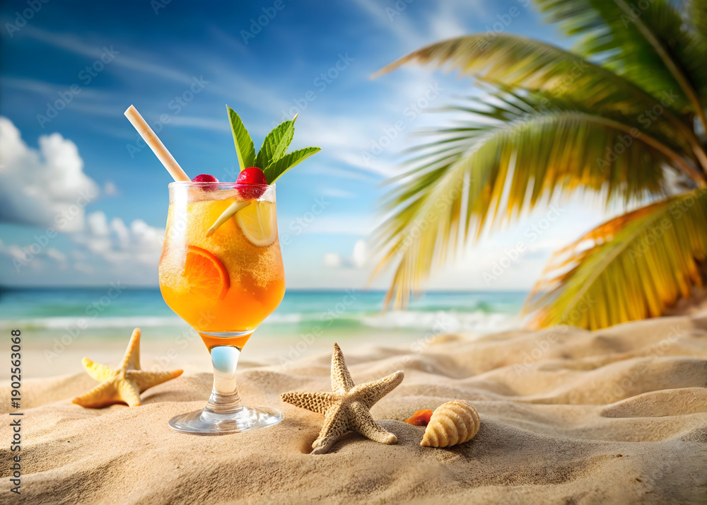 Obraz premium A refreshing cocktail on a tropical beach with palm trees and starfish