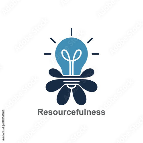 A bright blue lightbulb symbol with stylized rays represents creativity and innovation surrounded by a dark blue abstract geometric flower shape conveying inspiration