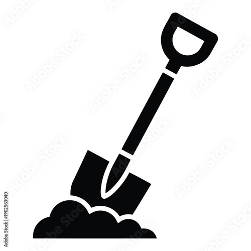 A black and white illustration of a shovel digging into a pile of dirt. isolated on white background, Vector