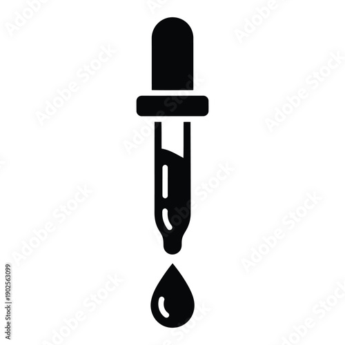 A black and white illustration of a dropper with a single drop falling isolated on white background, Vector