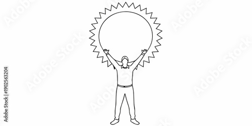 Simple line drawing of a person holding a circular saw aloft