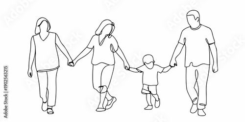 A family of four holds hands while walking depicted in a minimalist line drawing