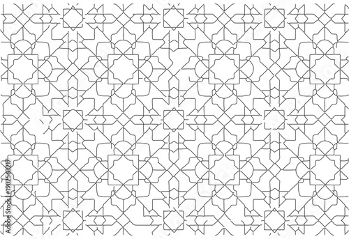A complex pattern of interconnected geometric shapes and lines on a white background.