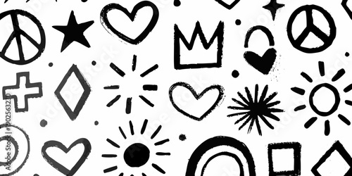 Black and white doodle pattern with hearts stars and geometric shapes