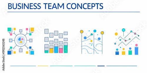 Business team concepts illustrated with colorful network and data visualizations