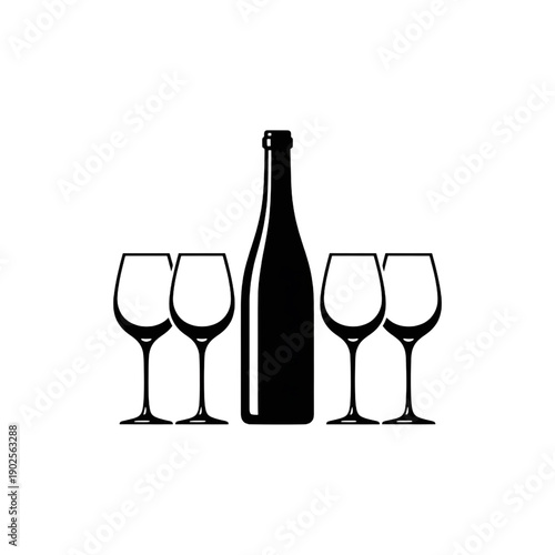 minimalist wine bottle and four glasses silhouette elegant bar and party drink celebration vector illustration