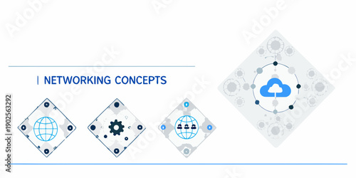 Networking concepts illustration with geometric shapes and cloud technology