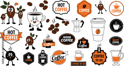 Coffee Illustration Set Featuring Cute Cartoon Coffee Bean Characters, Steaming Mugs, Espresso Cups, Takeaway Paper Cups, Moka Pot, and Vintage Coffee Shop Labels
