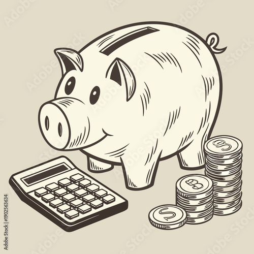 Cartoon piggy bank with calculator and coins saving