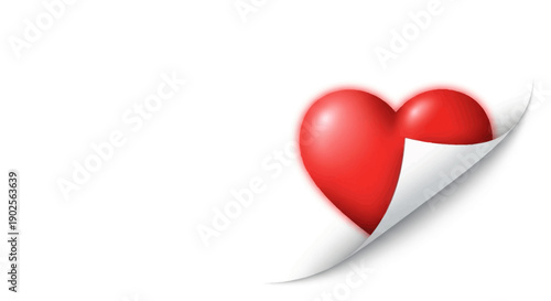 Stunning red heart revealed under peeled paper corner on white