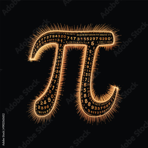 Glowing Pi symbol with internal decimal digits and outer electric light trails on black background