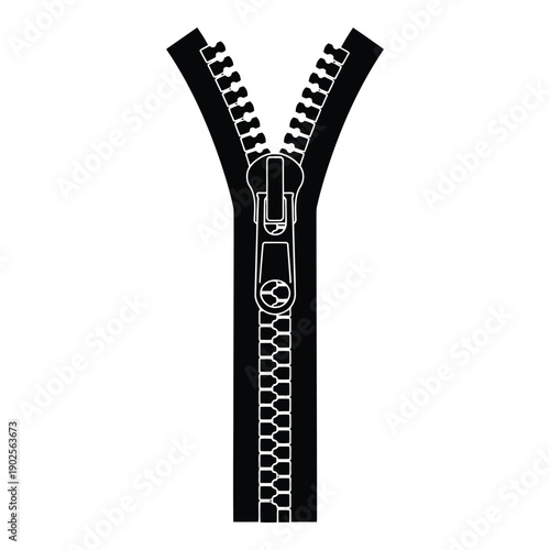 A close-up view of a black zipper with a silver pull tab and teeth isolated on white background, Vector