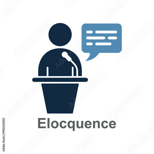 Silhouette of a person speaking into a microphone on a podium with a speech bubble icon symbolizing public speaking and eloquence