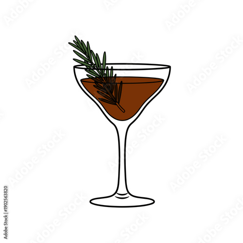 Elegant cocktail in martini glass with rosemary sprig isolated on white background, concept of mixology and nightlife