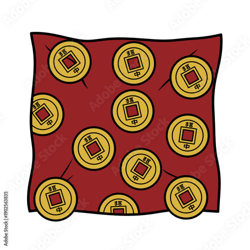 Traditional chinese coins with square holes on red fabric isolated on white background, concept of wealth luck and numismatics