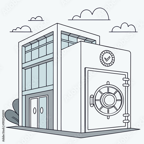 Bank building with large vault door and windows