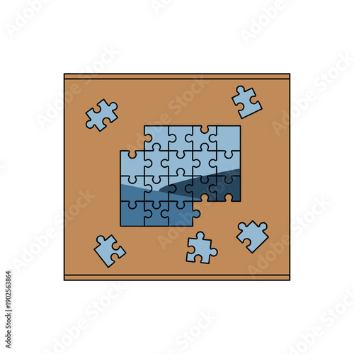 Unfinished jigsaw puzzle pieces on table isolated on white background, concept of problem solving and strategy