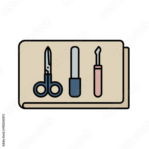 Manicure tools neatly arranged on towel isolated on white background, concept of beauty care and nail salon