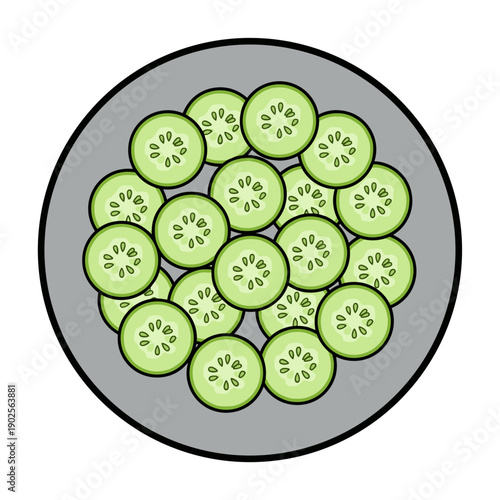 Fresh sliced cucumber arranged on plate isolated on white background, concept of healthy food and salad ingredient
