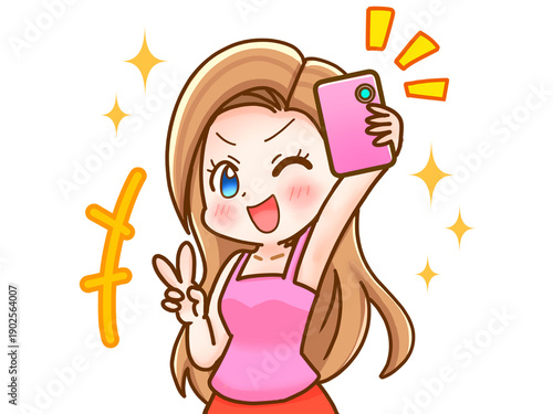 カメラで自撮りするギャルのイラスト素材2