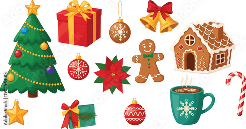 Colorful Vector Illustration Set of Traditional Christmas Symbols Including a Decorated Tree, Gingerbread House, Ornaments, Wrapped Gifts, and Hot Cocoa