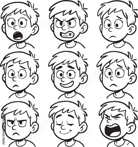 Boy face expressions set with different emotions for animation
