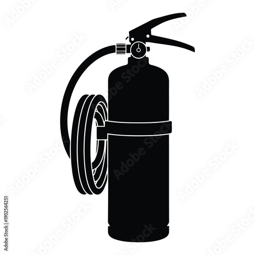 A black and white illustration of a fire extinguisher with a coiled hose attached isolated on white background, Vector