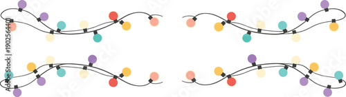 Flat Vector Illustration Set of Colorful Wavy Christmas Fairy Light Strings with Pastel Pink, Purple, Teal, and Yellow Bulbs for Holiday Decor